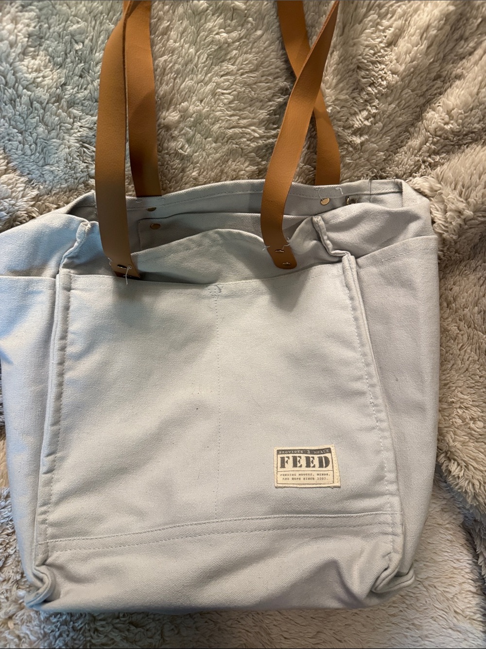 FEED Canvas Tote Bag with Tan Leather Straps - Light Gray